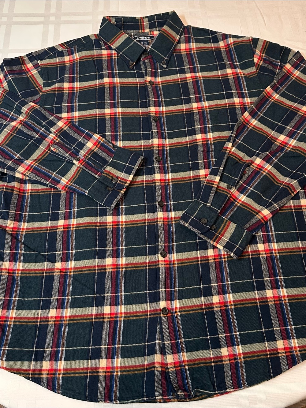 Lands End Men's Green Plaid Flannel Shirt XXL Traditional Fit Button Up